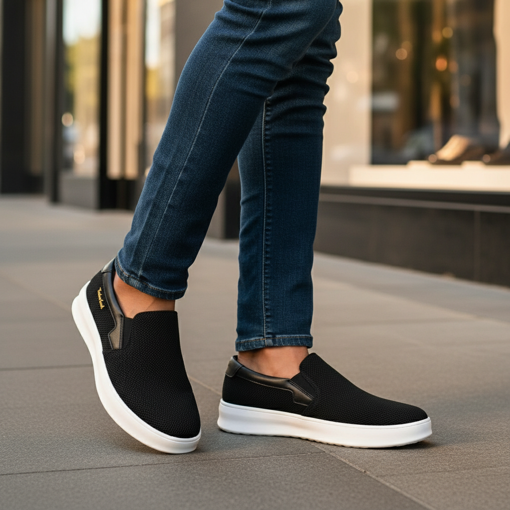 Black Woven Knit Slip-On Sneaker - Model Shot