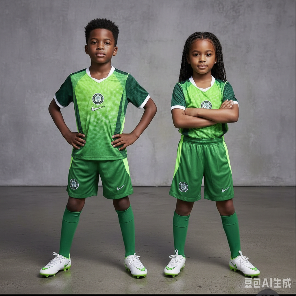 Black Nigerian boy and girl wearing the exact green and neon lime football jersey and shorts set