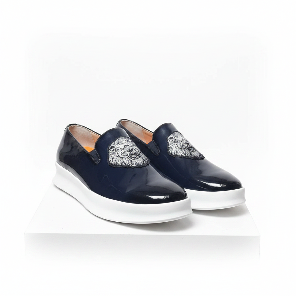 Men's navy blue patent leather slip-on sneakers with lion embroidery pair product shot