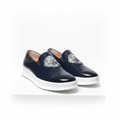 Men's navy blue patent leather slip-on sneakers with lion embroidery pair product shot