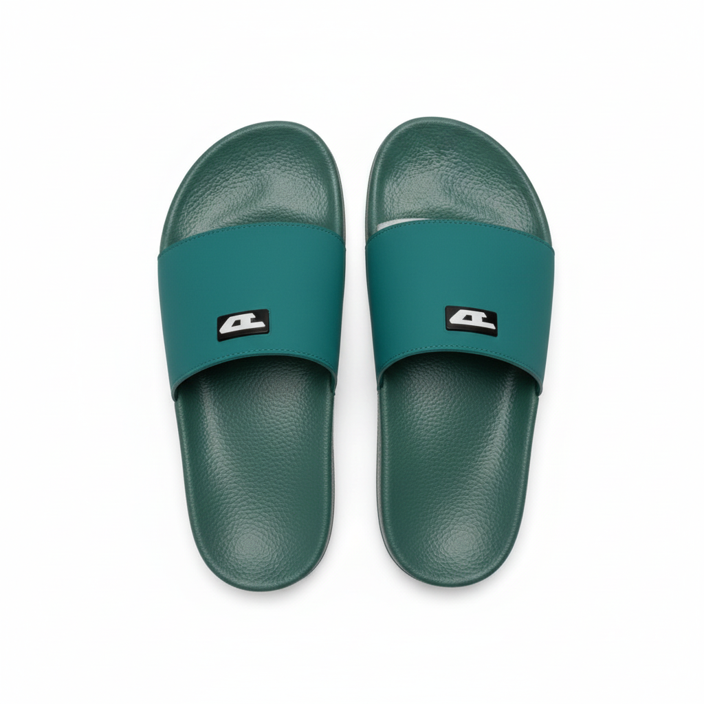 Men's teal green badge slider slippers ghost mannequin pair top and profile view