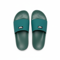 Men's teal green badge slider slippers ghost mannequin pair top and profile view