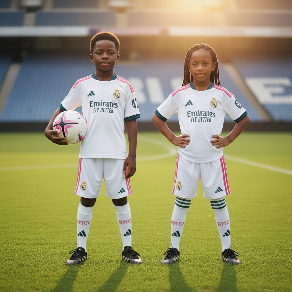 Nigerian boy and girl models wearing white football kit set on green pitch – teal and pink trim