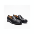 Men's all-black smooth calfskin leather penny loafers pair product shot