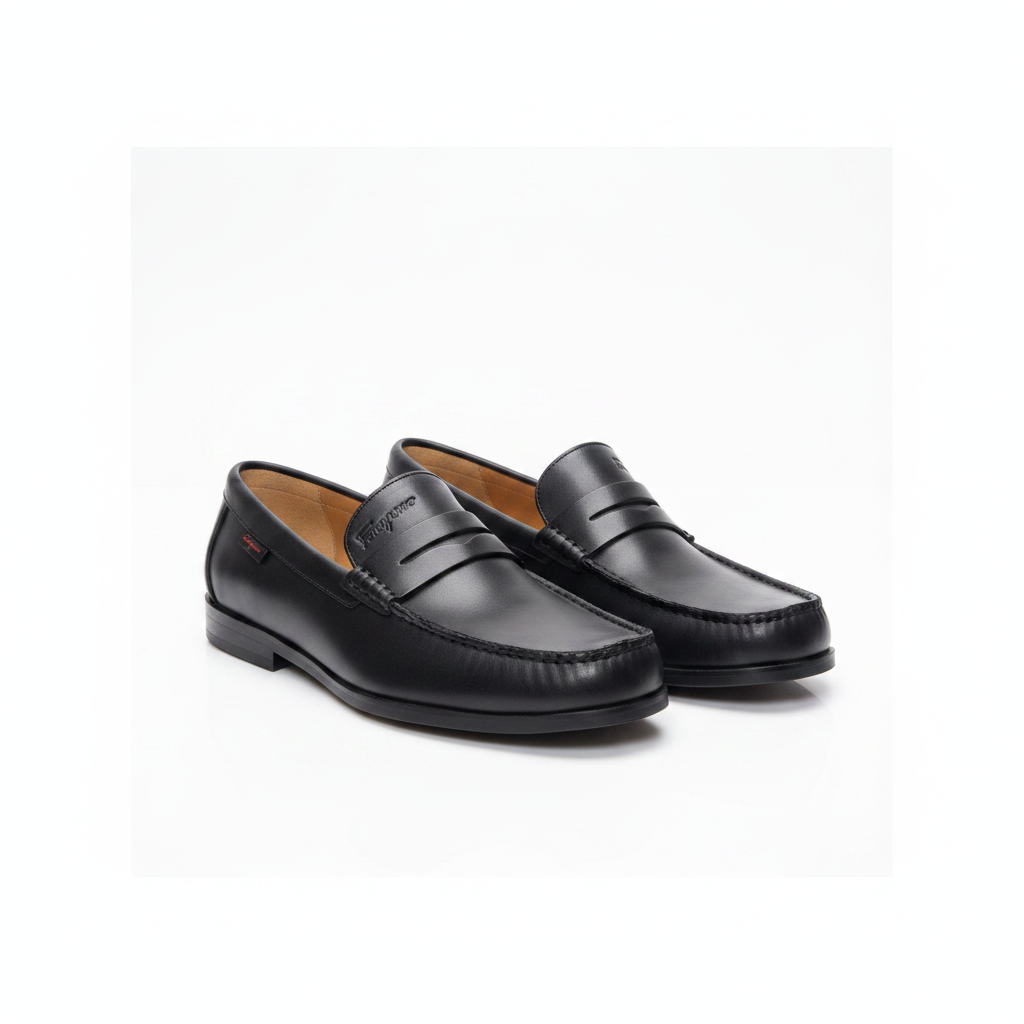 Men's all-black smooth calfskin leather penny loafers pair product shot