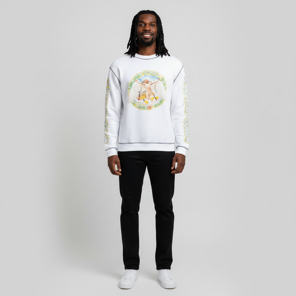 Model wearing the white graphic print sweatshirt