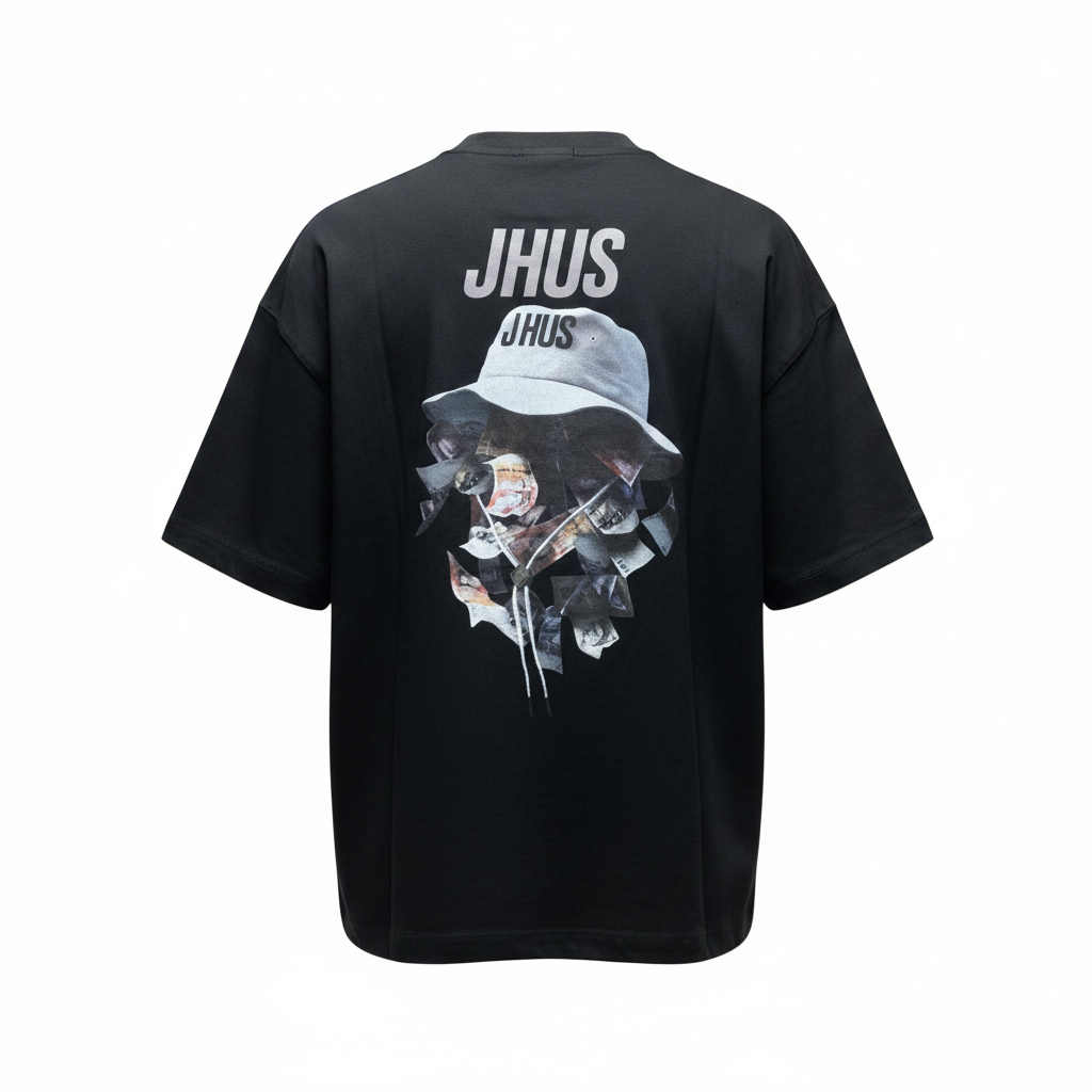 Ghost mannequin back view black JHUS graphic tee