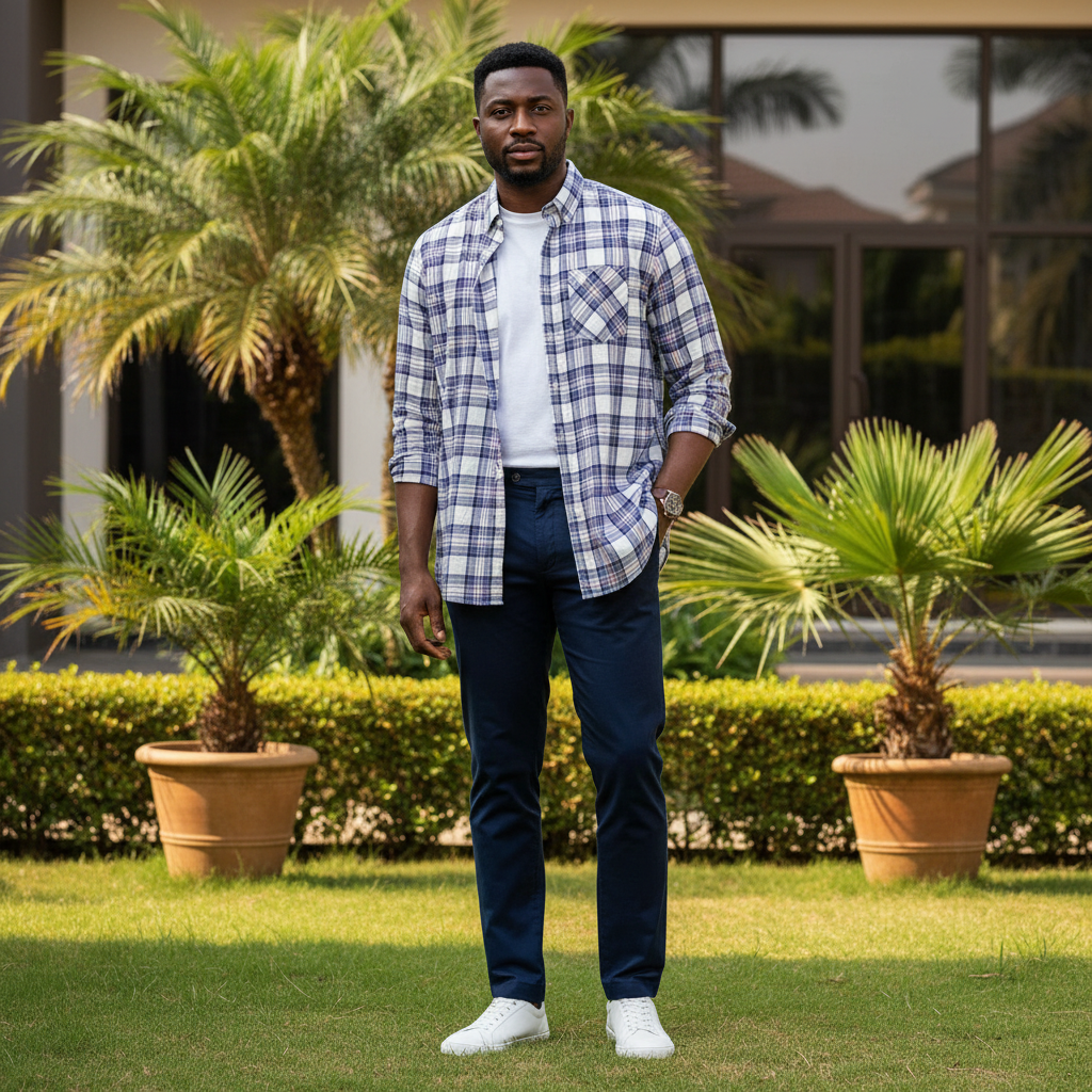 Nigerian male model wearing white navy pink plaid long-sleeved shirt, front view