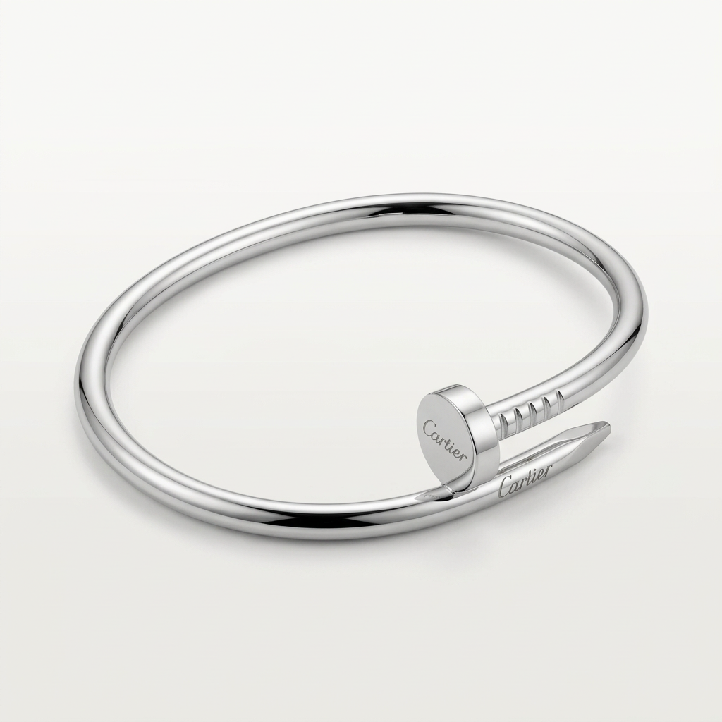 Silver-tone polished nail-style bracelet on white