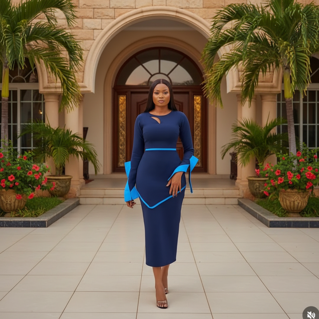 Nigerian female model wearing navy blue long sleeve midi dress with electric blue contrast trim in upscale Nigerian residential compound