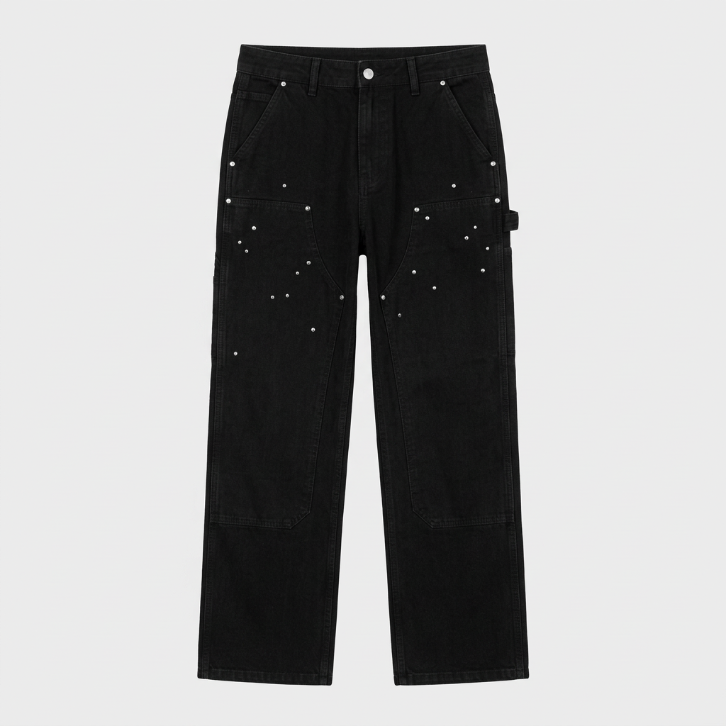 Black stud-detail jeans, ghost mannequin front view