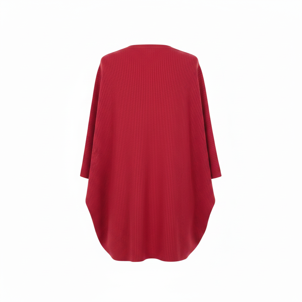 Ghost mannequin back view of red rhinestone wave batwing knit top