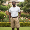 Nigerian male model wearing Men's Khaki Sand Beige Multi-Pocket Cargo Shorts