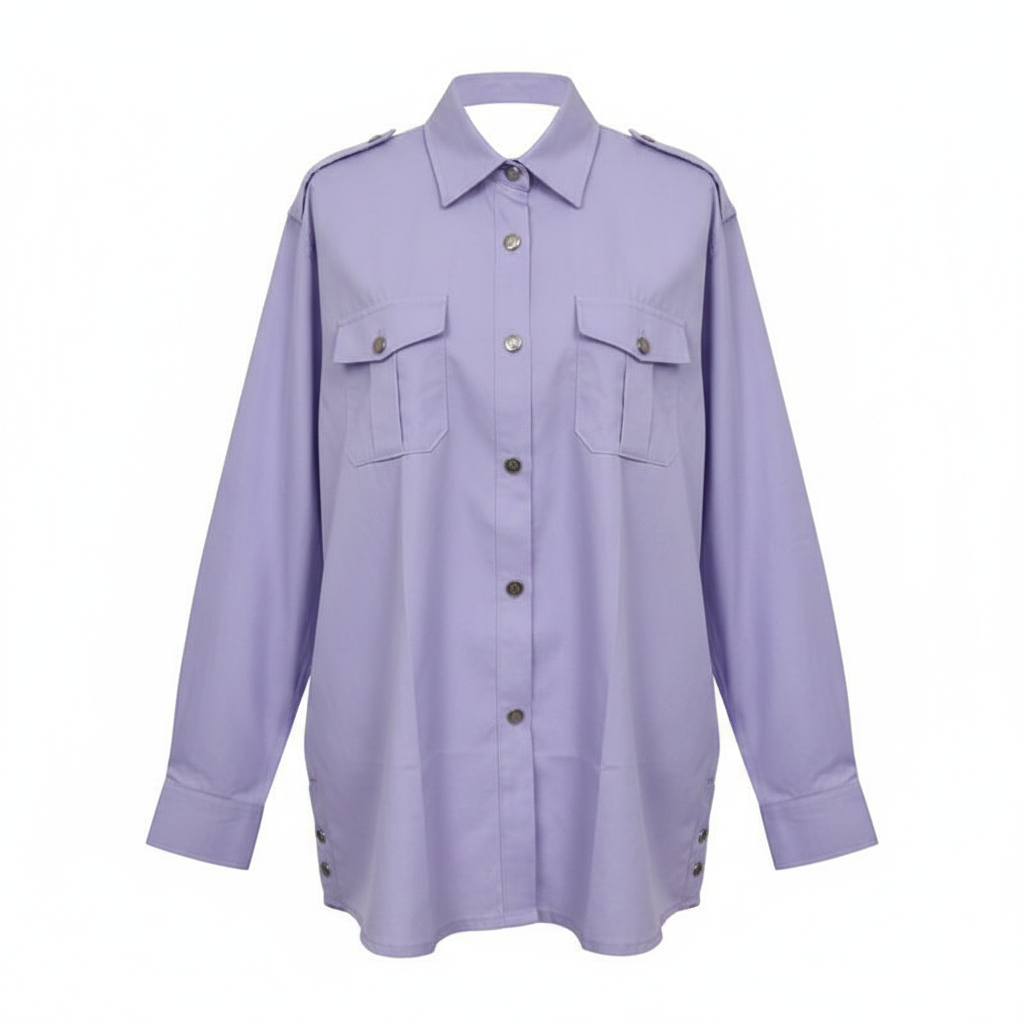 Women's lavender oversized long-sleeve double pocket silver button shirt jacket - ghost mannequin front view