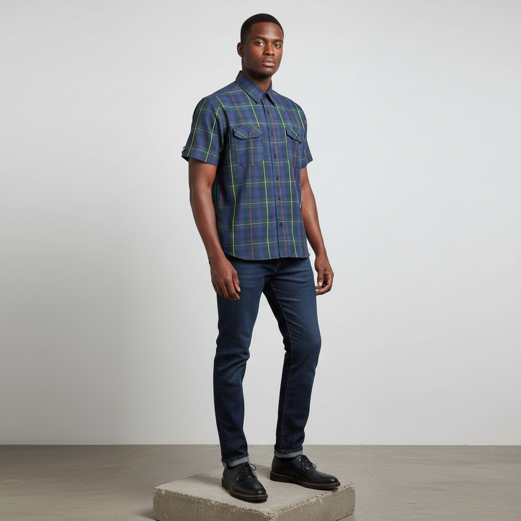 Nigerian male model wearing navy green tartan plaid short-sleeved shirt
