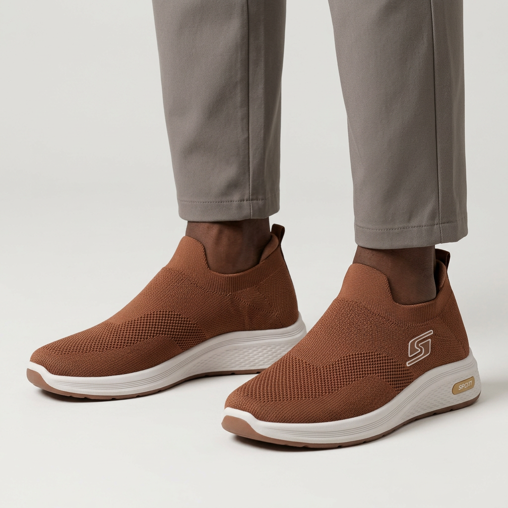 Both brown knit slip-on sneakers worn by a Black male model