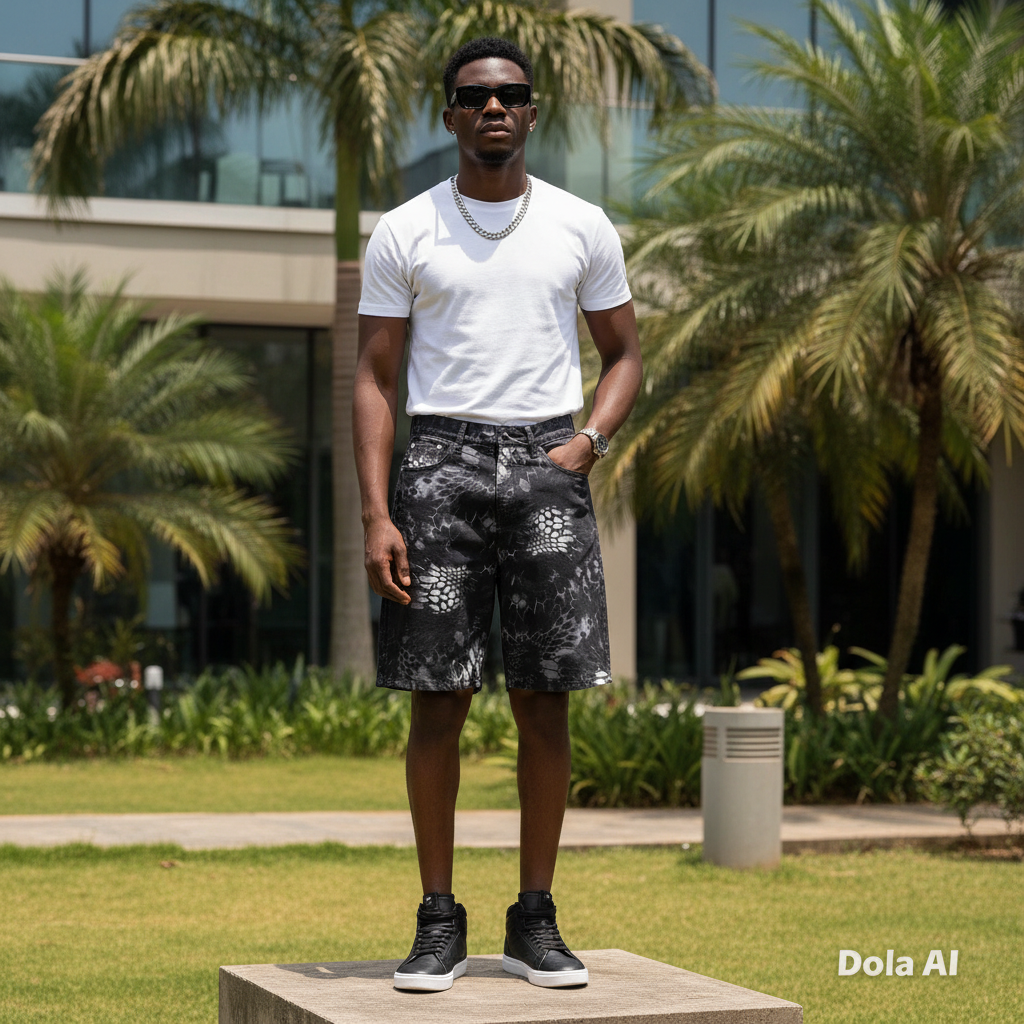 Nigerian male model wearing men's black python scale print denim shorts streetwear style