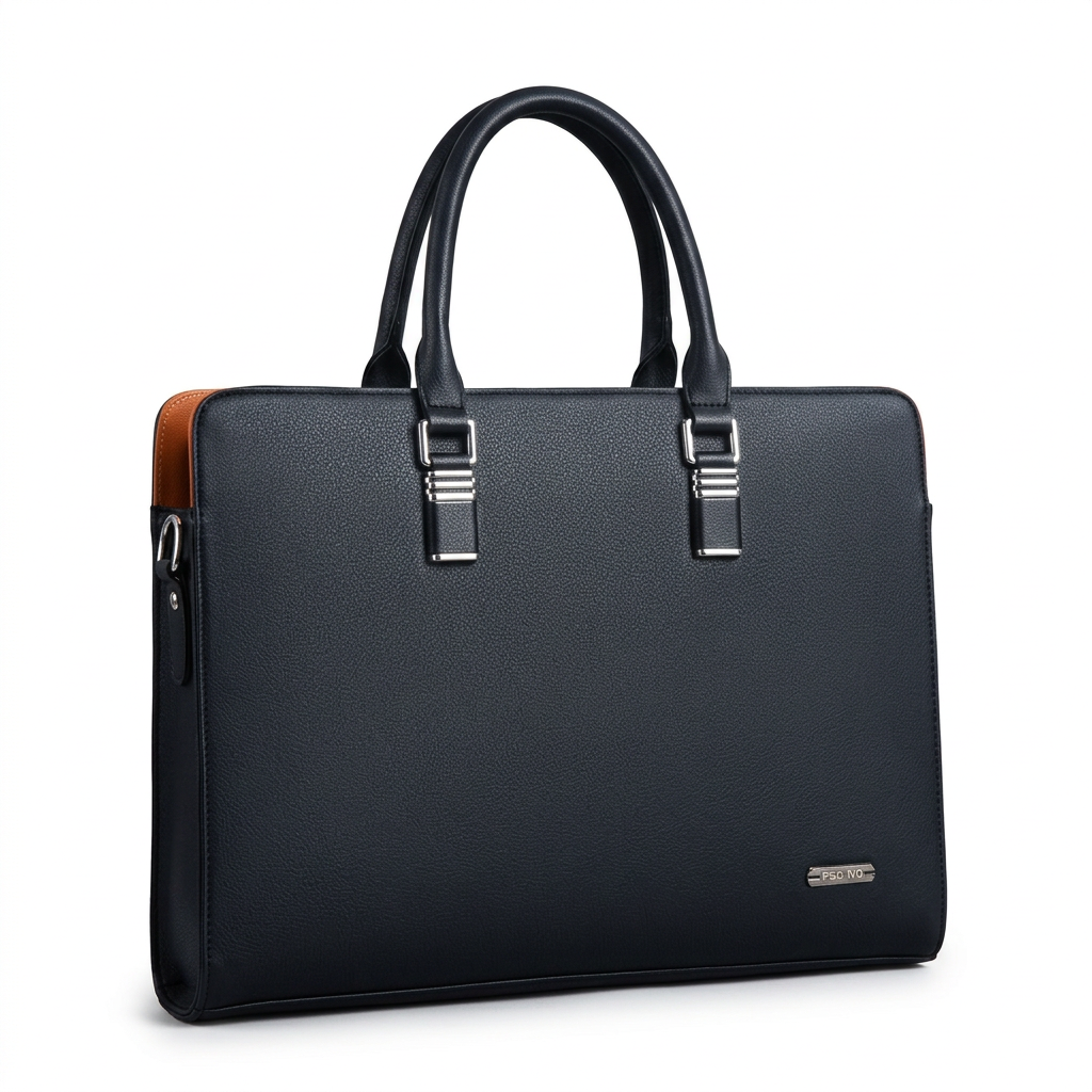 Black textured laptop bag with twin handles and silver-tone fittings on white