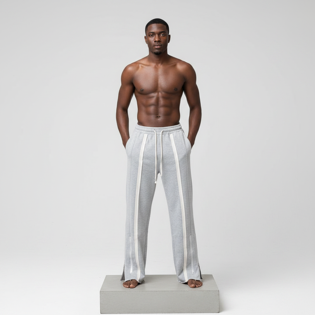 Grey Side Stripe Wide-Leg Sweatpants – Front Model