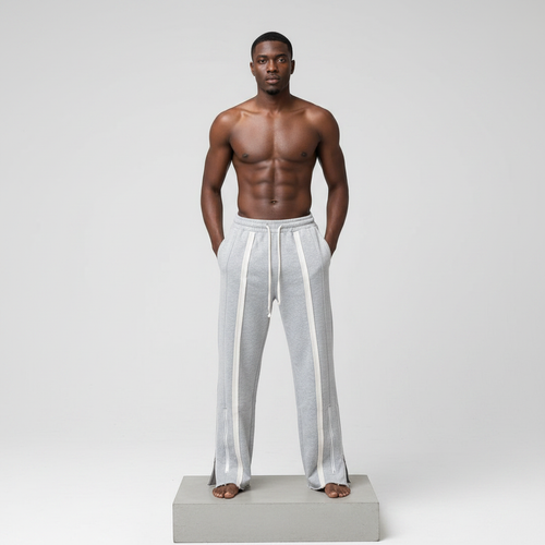 Grey Side Stripe Wide-Leg Sweatpants – Front Model