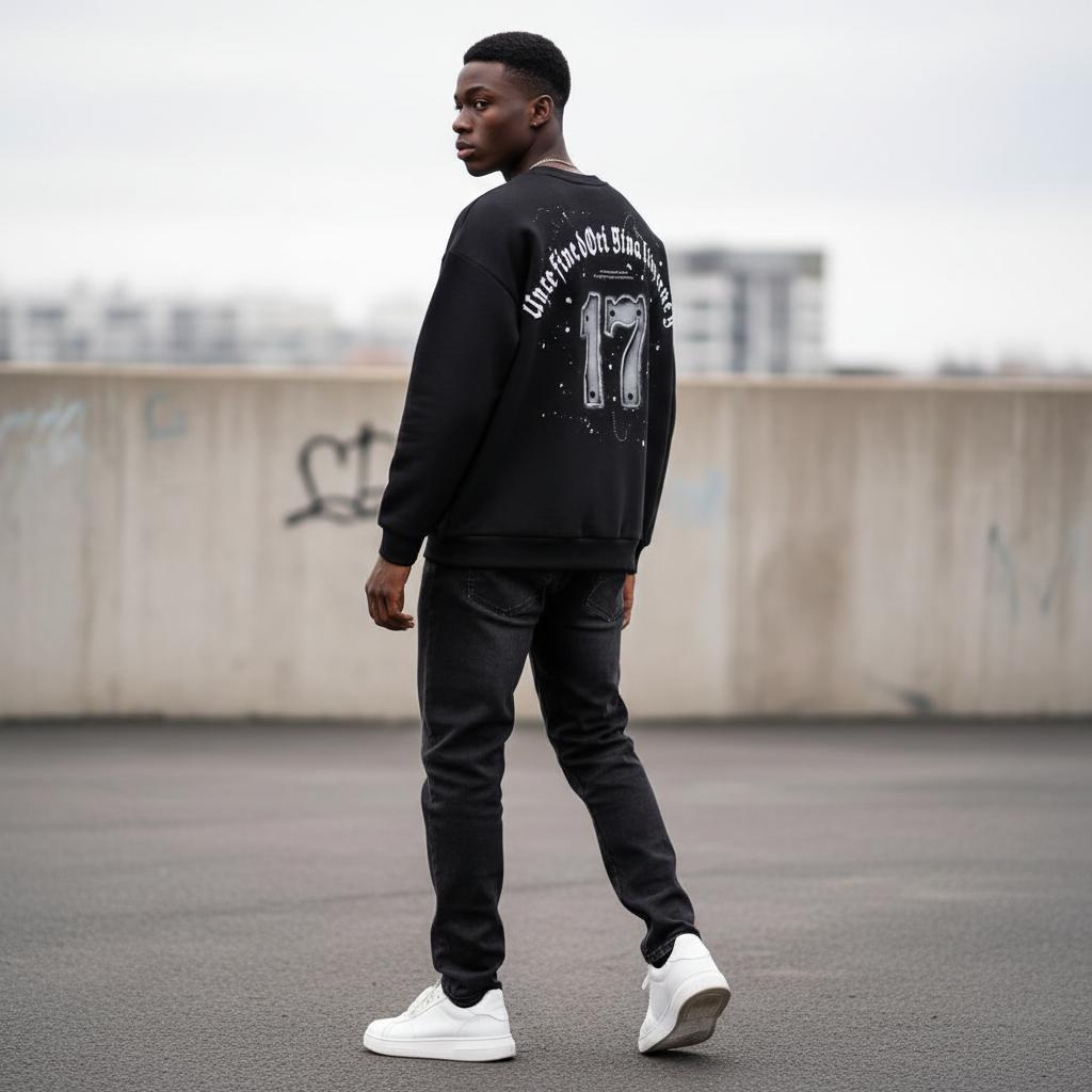 Male model wearing black Undefined Originality 17 graphic sweatshirt back view