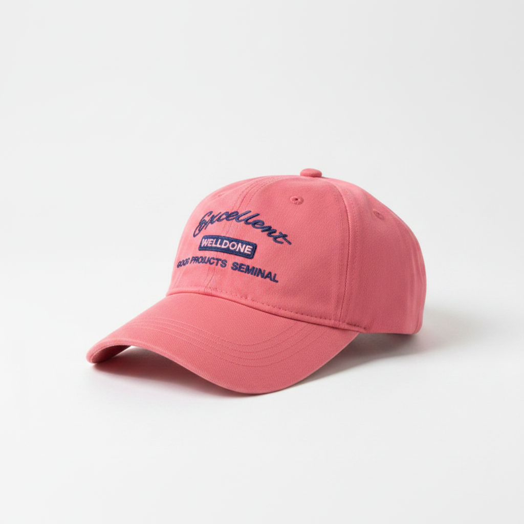 Bubblegum pink dad cap with layered navy slogan embroidery seamless 3/4 product shot