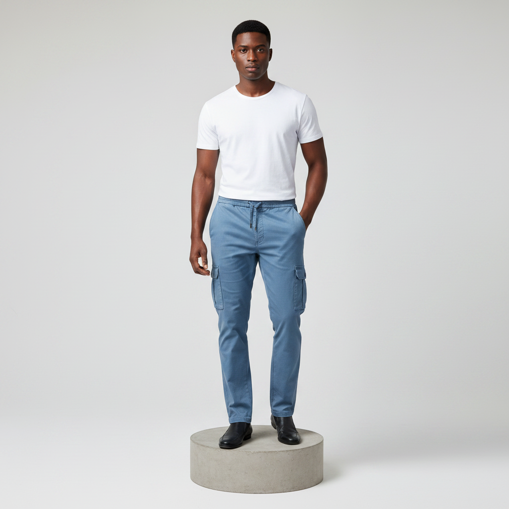 Steel Blue Cargo Trousers - Model Front View