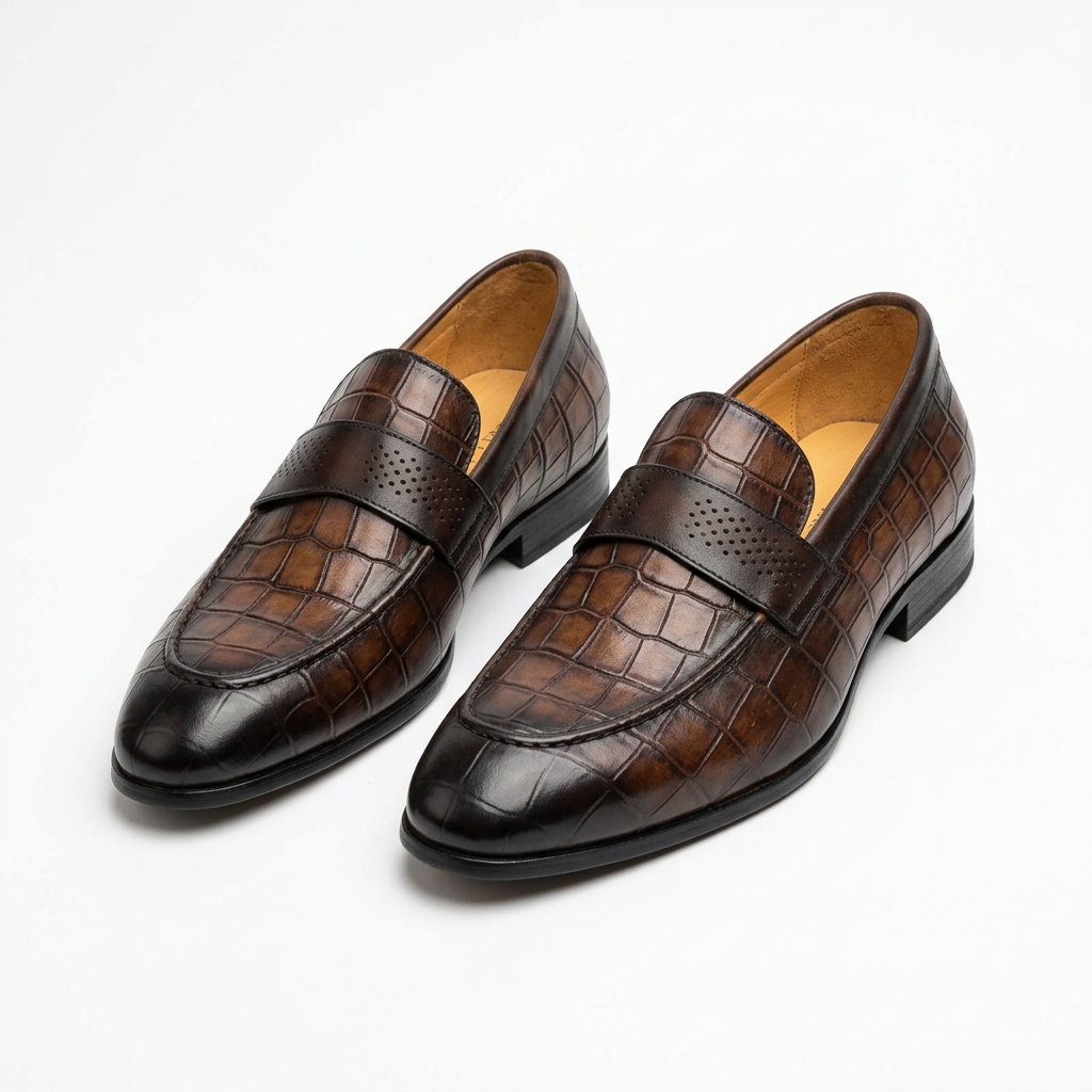 Pair of burnished brown croc-pattern loafers on a white studio background