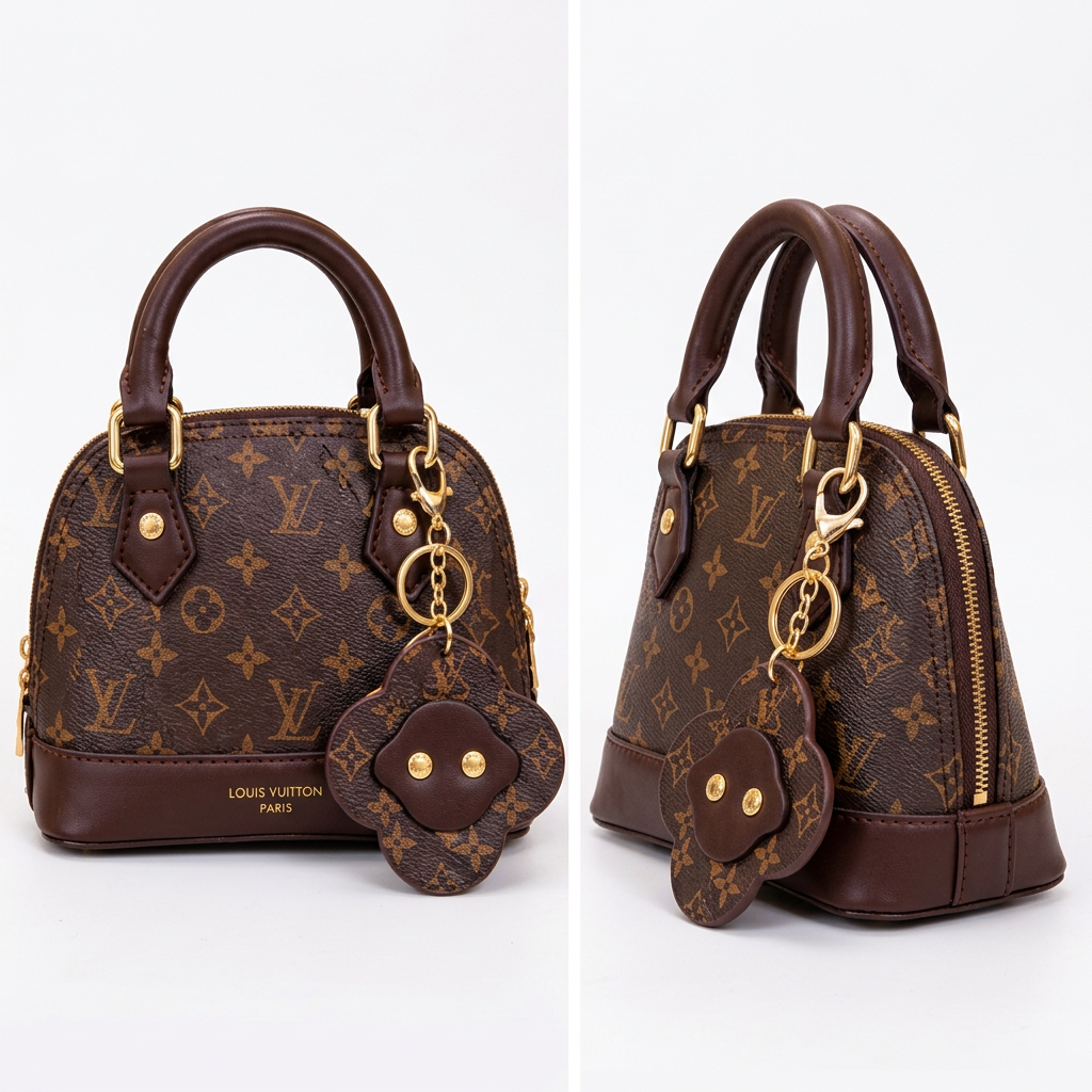 AI-generated front and angled catalog views of a brown patterned dome handbag with flower-shaped pouch