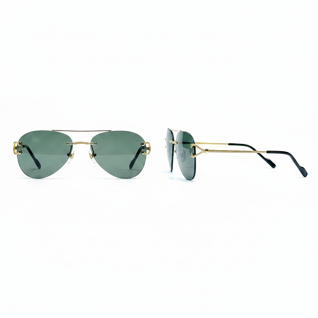 Unisex rimless aviator sunglasses solid dark green teal lens slim gold ornate double-bar bridge black acetate tip temple arms – front and side view