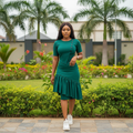 Women's Teal Pleated Hem Bodycon Midi Dress - Nigerian Female Model