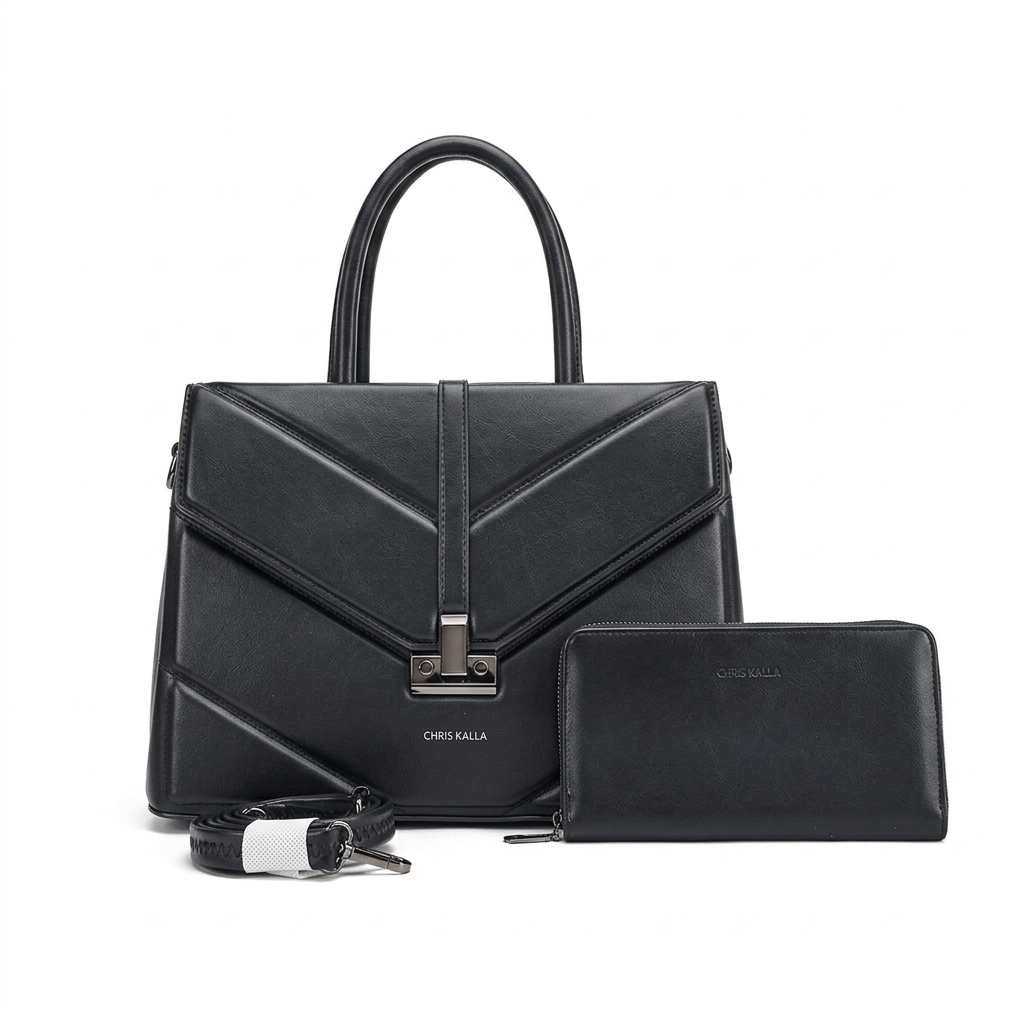 Black envelope-flap handbag set with matching zip pouch and strap on white