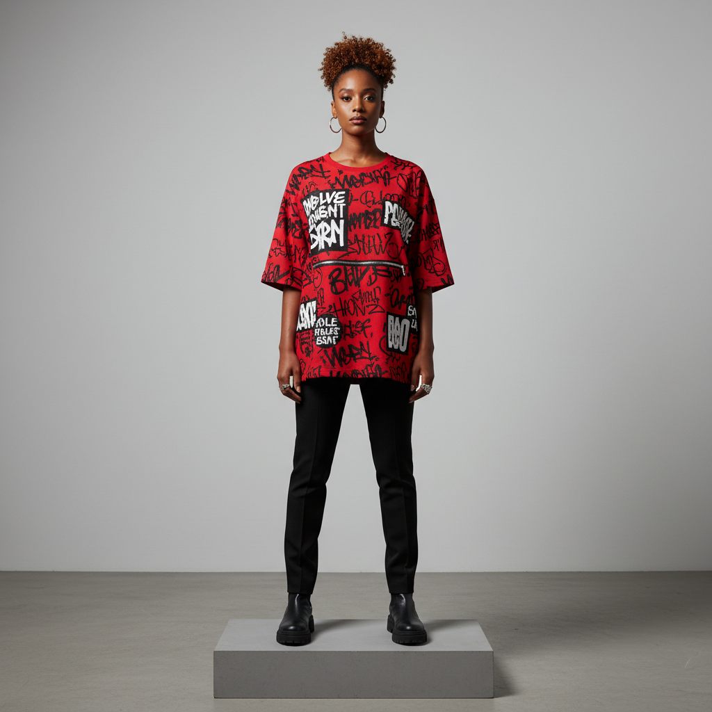 Red Multi-Slogan Graffiti Patch Oversized Top - Model Front View