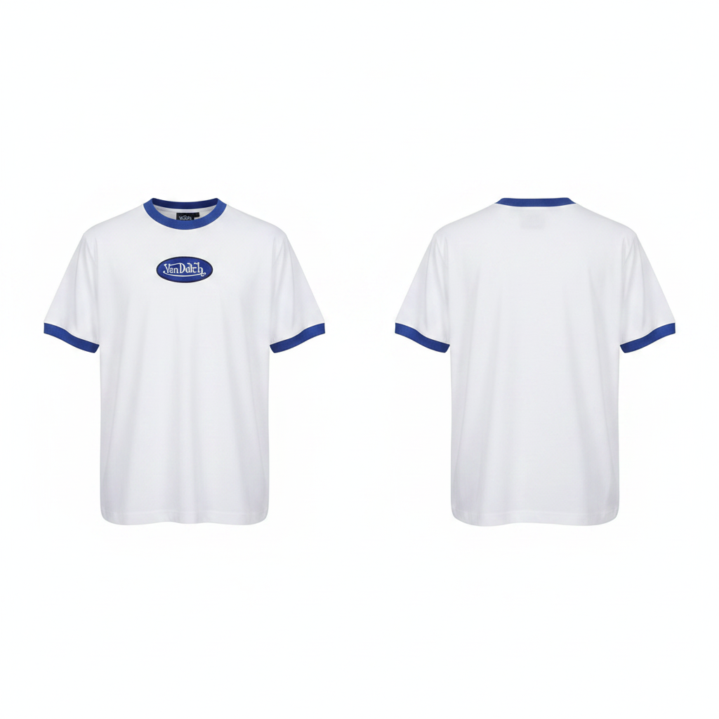 Men's white blue contrast ringer oval badge sunburst eye graphic T-shirt ghost mannequin front and back view
