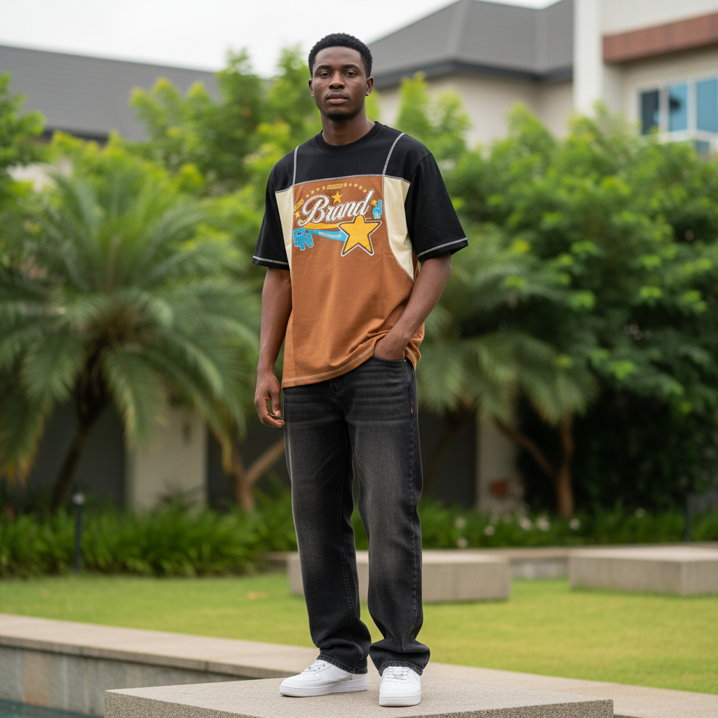 Men's Black & Brown Colour-Block Star Graphic T-Shirt – Nigerian Male Model Shot