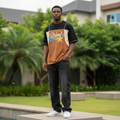Men's Black & Brown Colour-Block Star Graphic T-Shirt – Nigerian Male Model Shot