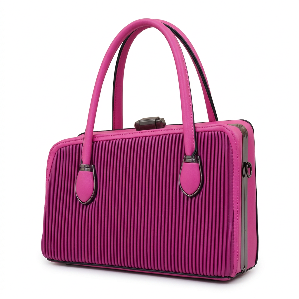 Fuchsia vertically ribbed twin-handle handbag with dark trim on white