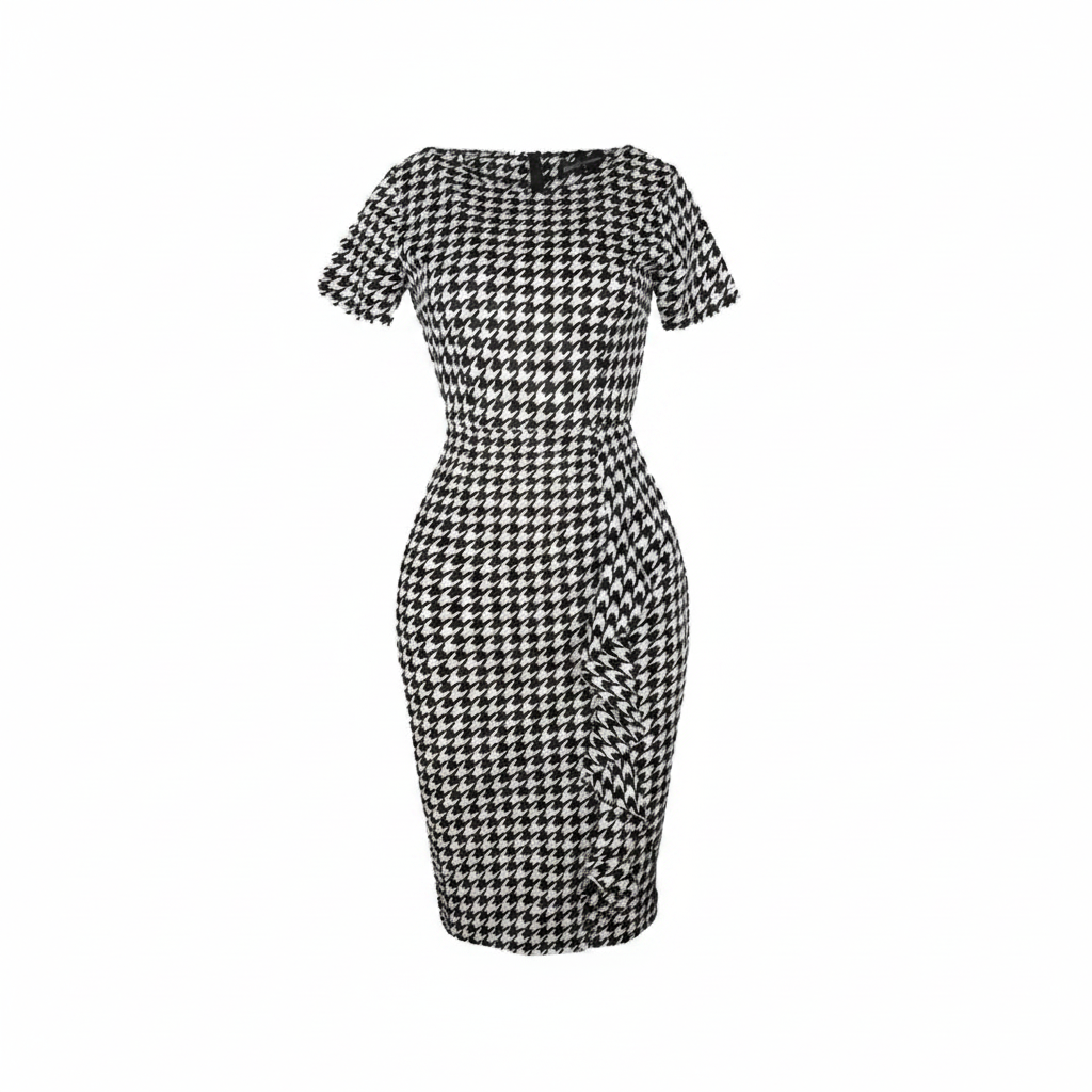 Women's Black & White Houndstooth Short-Sleeve Fitted Midi Dress – Ghost Mannequin Front View