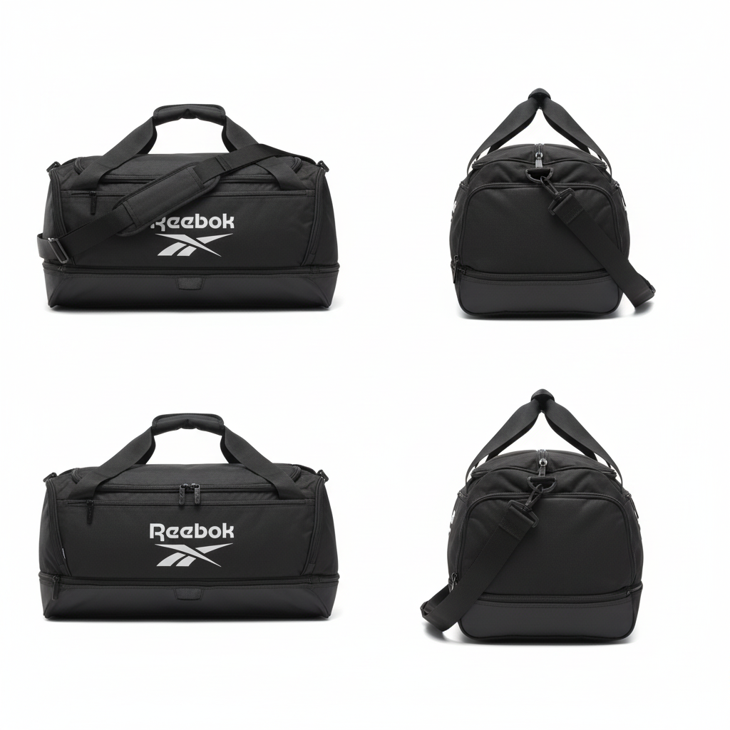 Ghost mannequin style leather travel bag catalog shot, front and side view