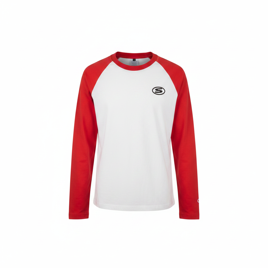 Men's Raglan Long Sleeve Shirt – Ghost Mannequin Red Sleeves Front View