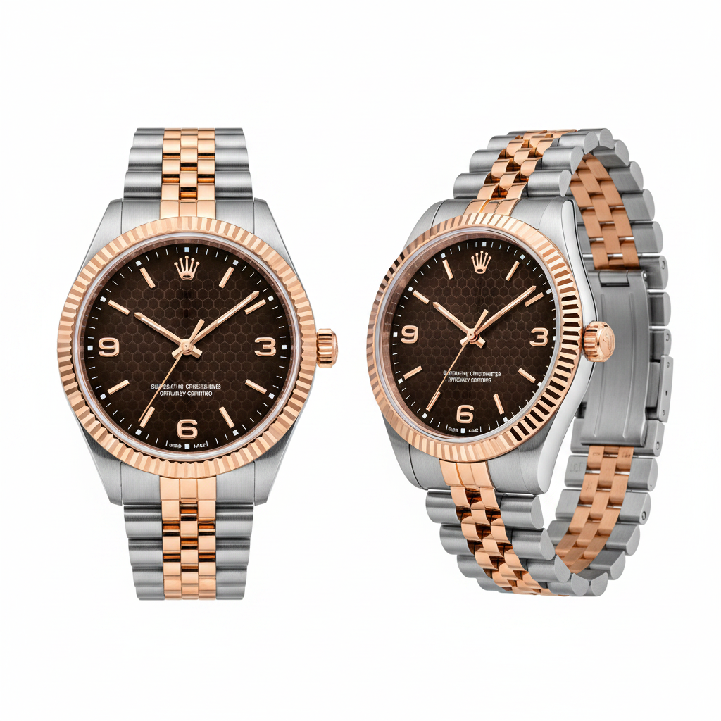 Two-tone silver and rose gold Oyster Perpetual watch with brown honeycomb dial, front and side view on white background