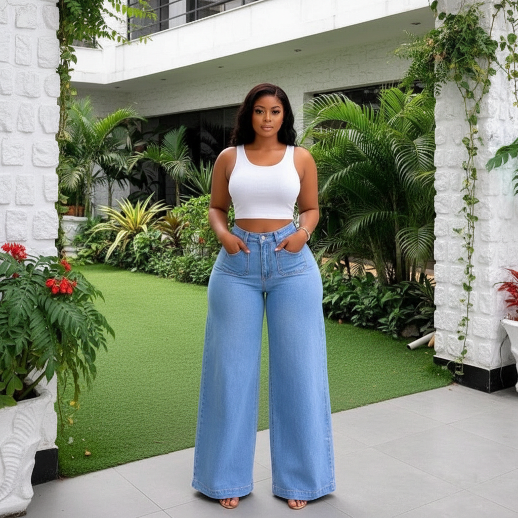 Women's medium blue ultra-wide baggy denim jeans — Nigerian female model shot