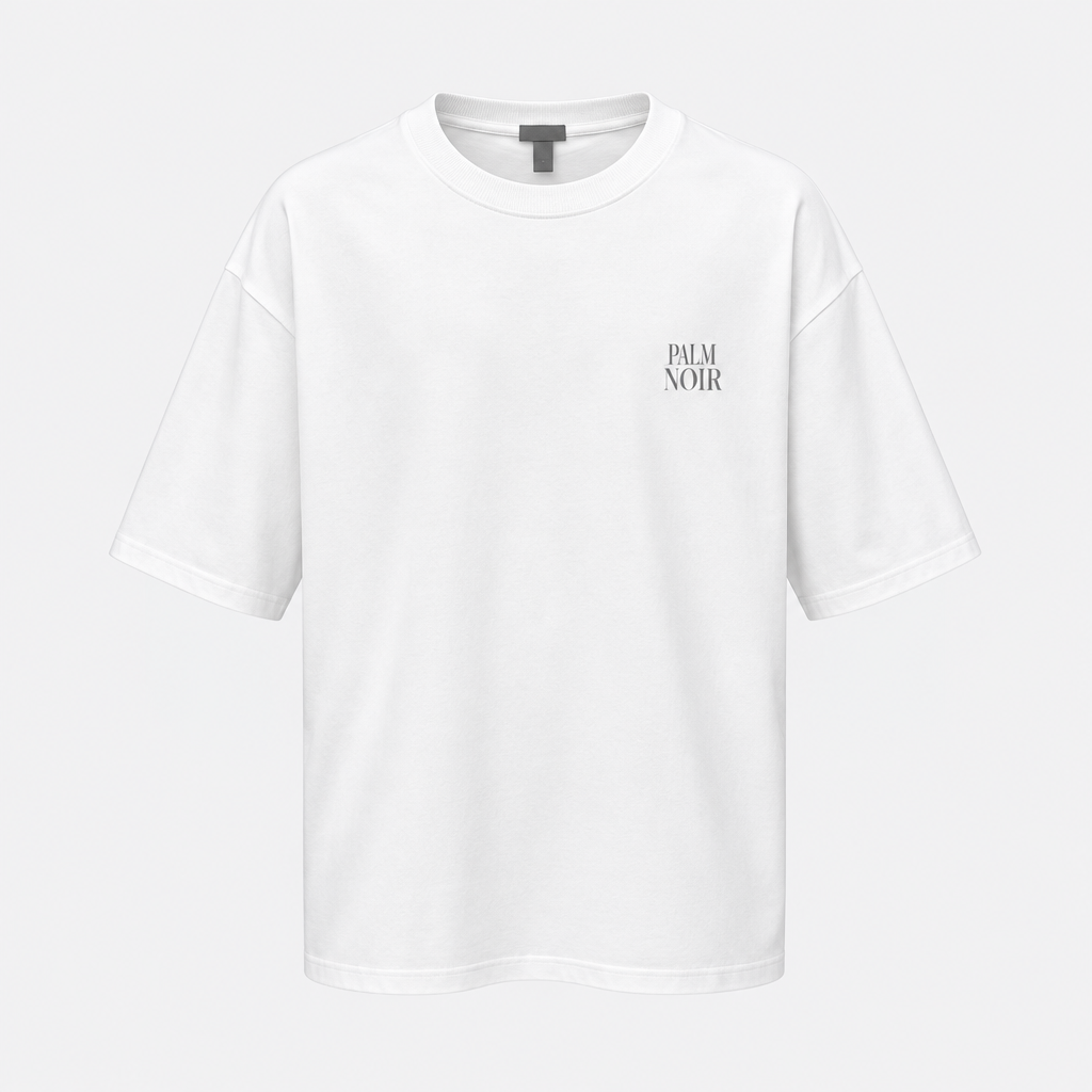 White oversized Palm Noir chest print tee ghost mannequin