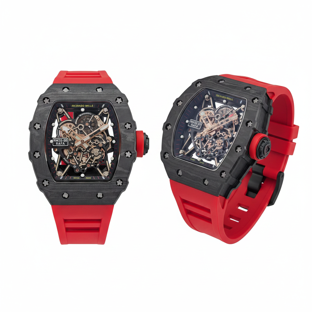 Carbon TPT skeleton sports watch with red rubber strap, front and side view on white background