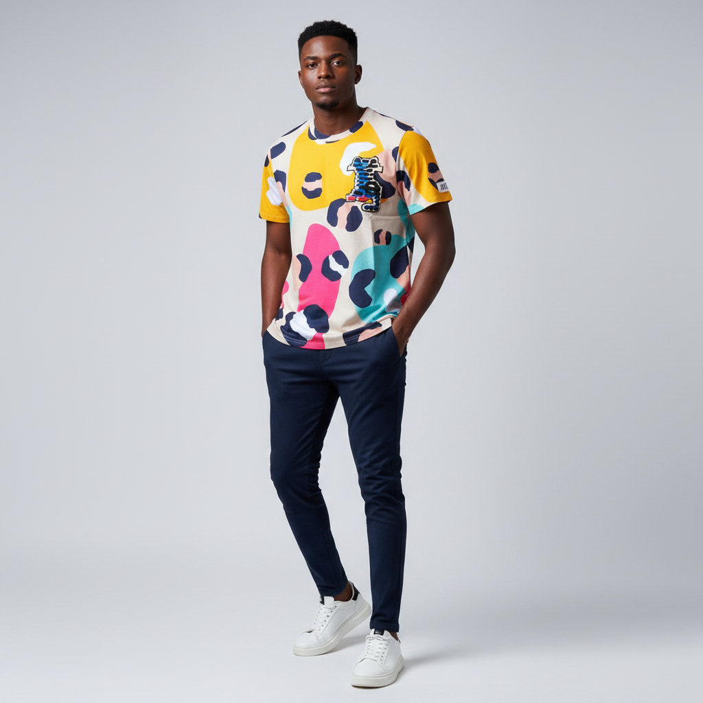 Nigerian male model wearing men's multicolour abstract camo spot print t-shirt