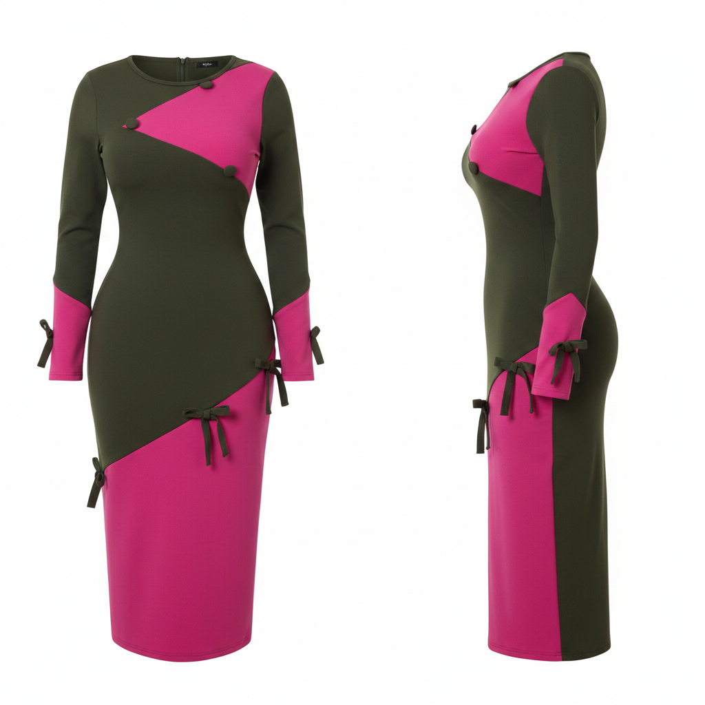 Women's Olive Green & Fuchsia Colour Block Tie Detail Midi Dress – Ghost Mannequin Front and Side View