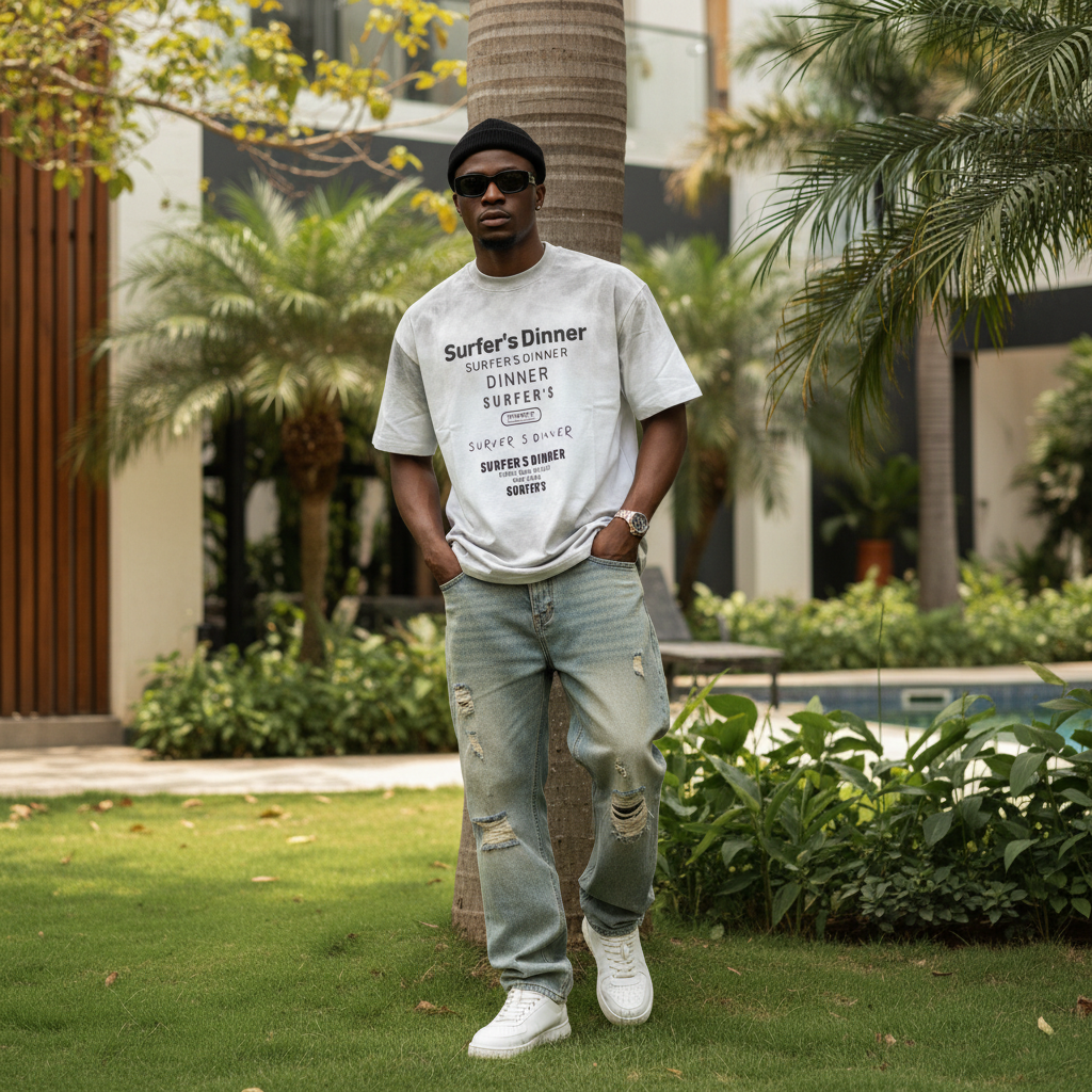 Nigerian male model wearing white cloud wash stacked text graphic tee – front view