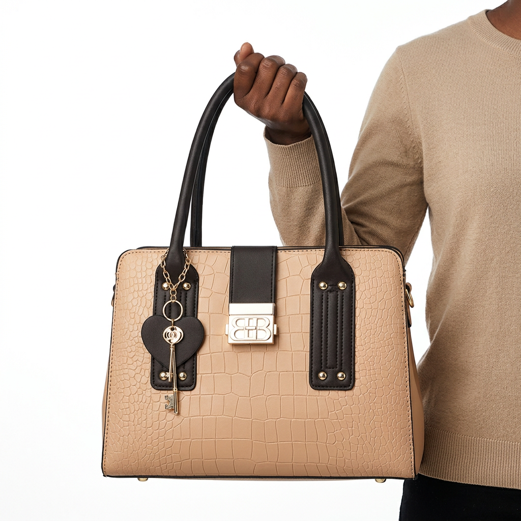 Light-tan embossed tote with black trim held by one hand gripping both handles