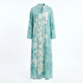 Mint botanical shimmer-detail abaya ghost image matched to model drape