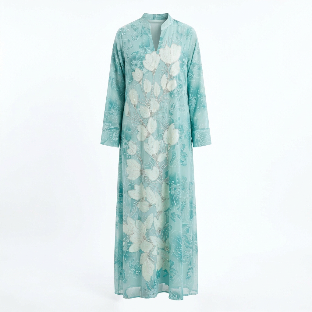 Mint botanical shimmer-detail abaya ghost image matched to model drape